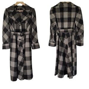 Women's Black/Gray Plaid Dress Coat Sz 11 Belted Cotton Blend Pocket Academia